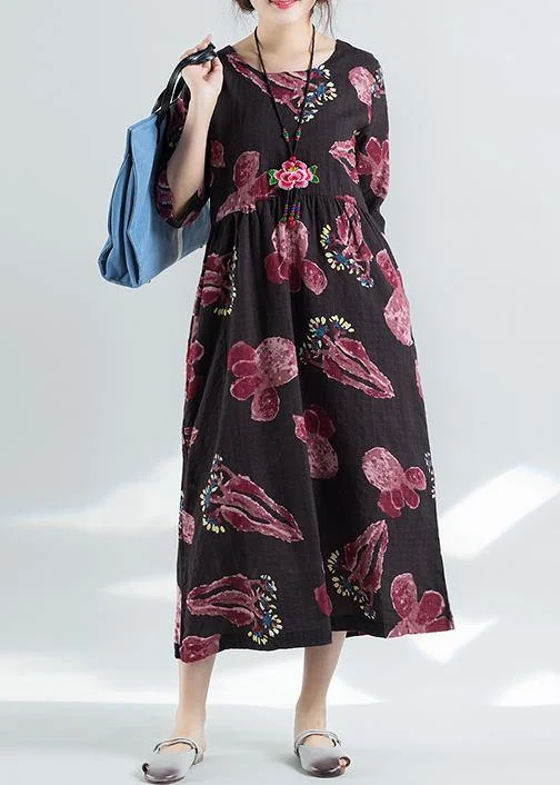 DIY o neck cotton linen Robes Neckline burgundy prints Maxi Dress summer Fashionable Chiffon Tiered Maxi Dress