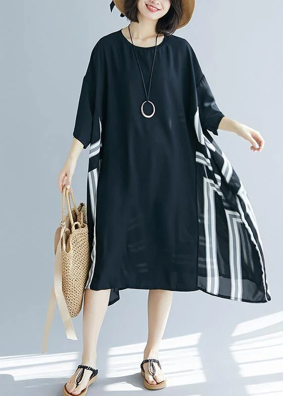 DIY o neck patchwork chiffon Long Shirts Fitted Life black striped Maxi Dresses Summer Trendy Short Sleeve Maxi Dress