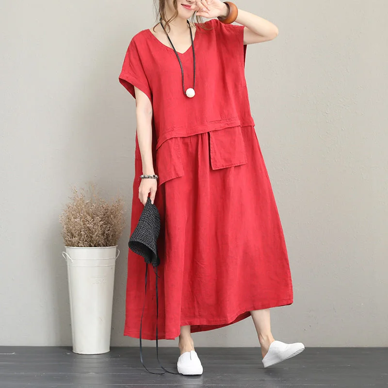 fashion red long linen dress Loose fitting v neck linen clothing dress women two big pockets maxi dresses Comfortable Bohemian Maxi Dress fashion red long linen dress Loose fitting v neck linen clothing dress women two big pockets maxi dresses Comfortable Bohemian Maxi Dress