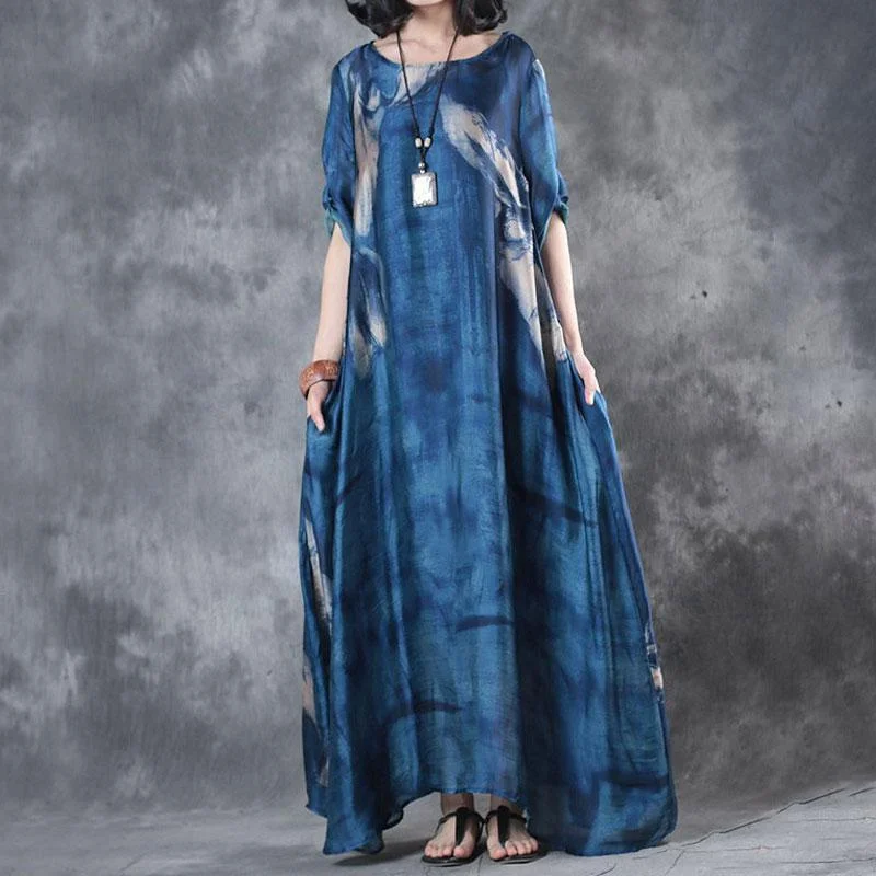 Fine maxi dresses fashion Retro Three Quarter Sleeve Printed Blue Long Dress Comfortable Pleated Maxi Dress Fine maxi dresses fashion Retro Three Quarter Sleeve Printed Blue Long Dress Comfortable Pleated Maxi Dress