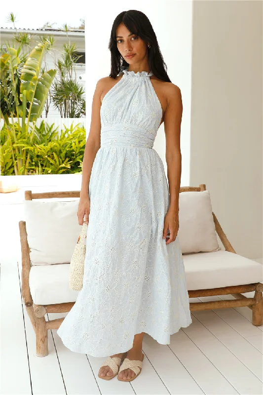 Fly Away Halter Maxi Dress Blue Stylish Pleated A-Line Maxi Dress