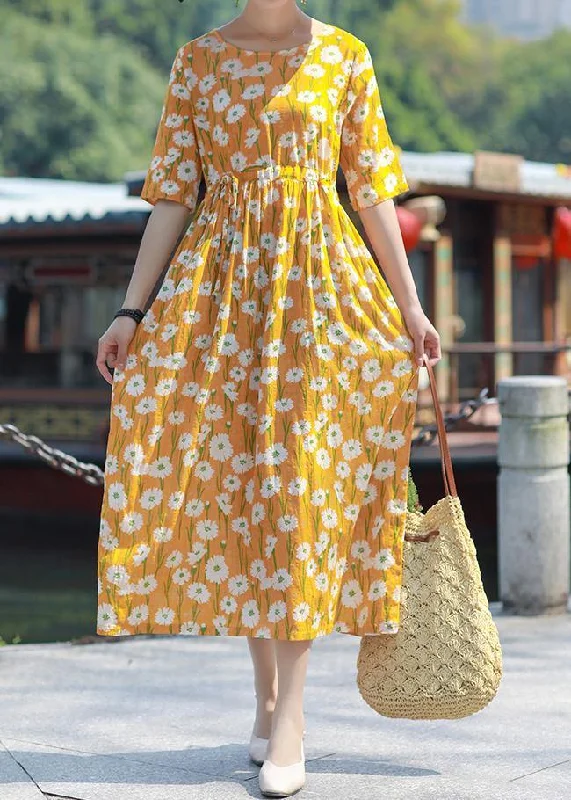 Handmade o neck drawstring cotton yellow print Maxi Dress summer Comfortable Maxi Dress with Slits