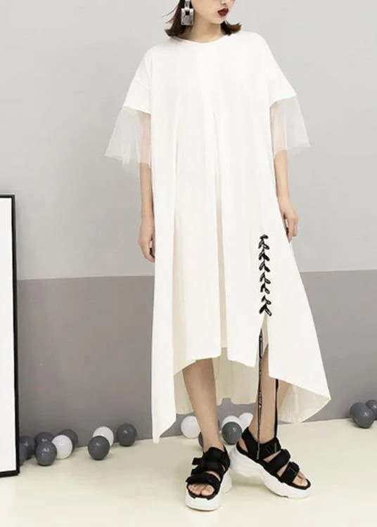 Italian patchwork cotton Tunics Sleeve white Maxi Dresses summer Trendy Fit-and-Flare Maxi Dress