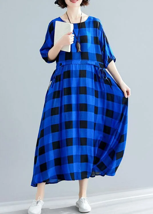Italian tie waist cotton clothes Women Outfits blue plaid Maxi Dresses summer Trendy Fit-and-Flare Maxi Dress