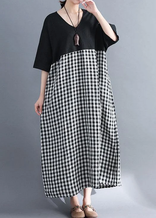 Loose v neck cotton clothes Women Shirts black patchwork Maxi Dresses summer Stylish Maxi Dress with Frills