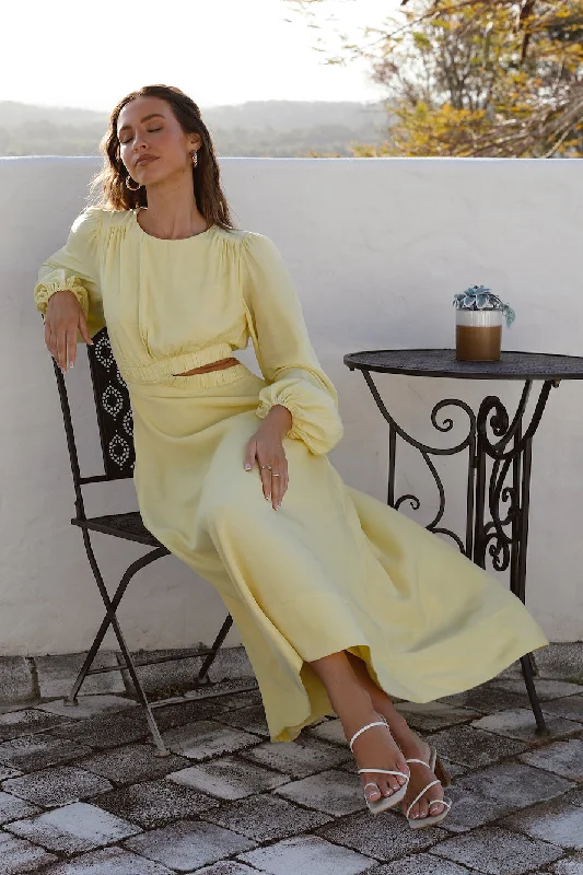 Miles Apart Maxi Dress Yellow Comfortable Fitted Maxi Dress
