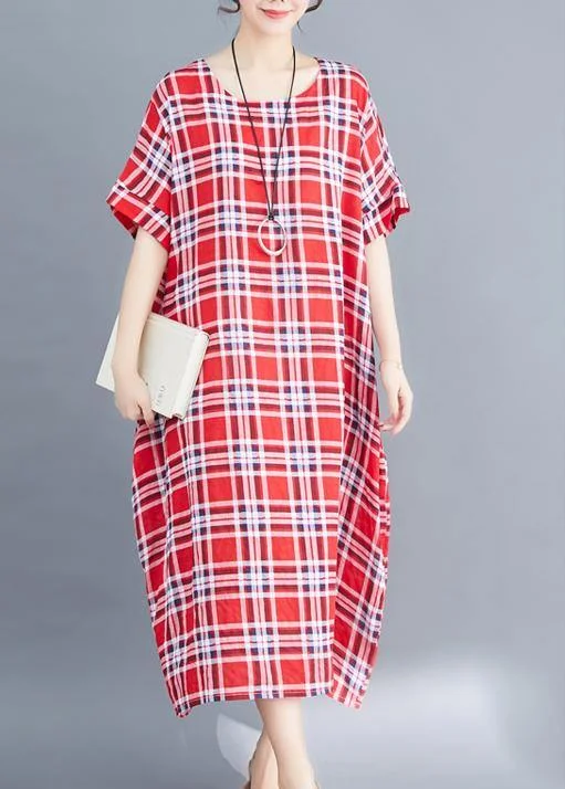 Natural o neck cotton clothes For Women Fabrics red plaid Maxi Dress summer Elegant Lace Maxi Dress