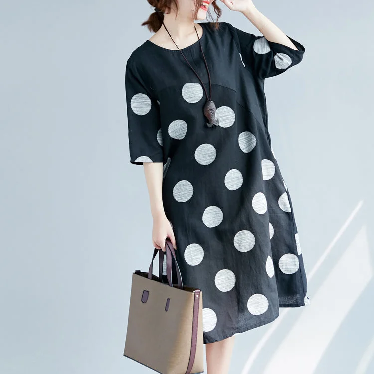 New black dotted cotton linen dresses plus size clothing O neck pockets cotton linen clothing dress 2018 half sleeve patchwork maxi dresses Stylish Maxi Dress with Frills New black dotted cotton linen dresses plus size clothing O neck pockets cotton linen clothing dress 2018 half sleeve patchwork maxi dresses Stylish Maxi Dress with Frills