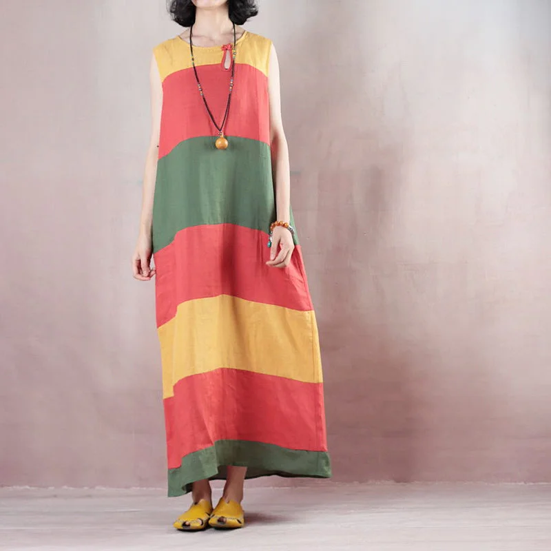 New multicolor striped linen maxi dress trendy plus size O neck linen maxi dress Fine Sleeveless baggy dresses Cozy Wrap Maxi Dress