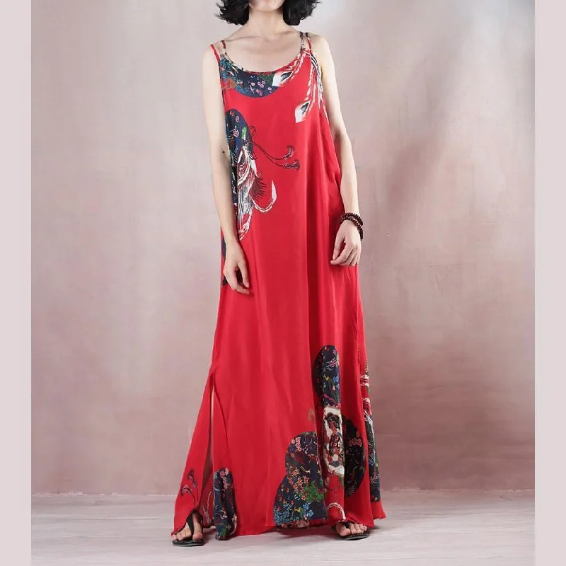 New red print holiday dress o neck sleeveless gown a silk skirts maxi dress Cozy Maxi Dress with Slit New red print holiday dress o neck sleeveless gown a silk skirts maxi dress Cozy Maxi Dress with Slit