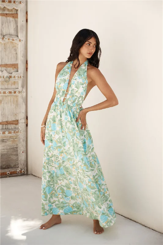 Ripe Mango Halter Maxi Dress Green Stylish Maxi Dress with Frills