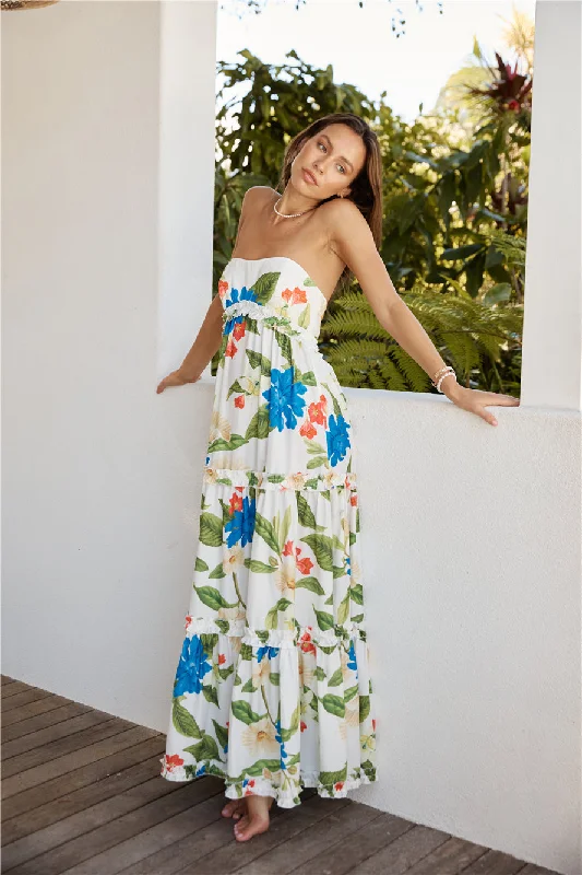 SEVEN WONDERS Daria Maxi Dress White Floral Fashionable Maxi Dress with Fringe
