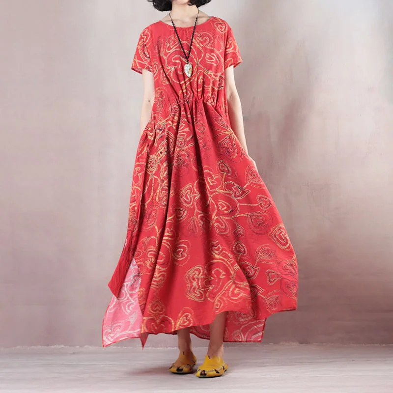 stylish red linen maxi dress casual O neck print traveling clothing women short sleeve baggy dresses linen caftans Fashionable Printed Maxi Dress stylish red linen maxi dress casual O neck print traveling clothing women short sleeve baggy dresses linen caftans Fashionable Printed Maxi Dress