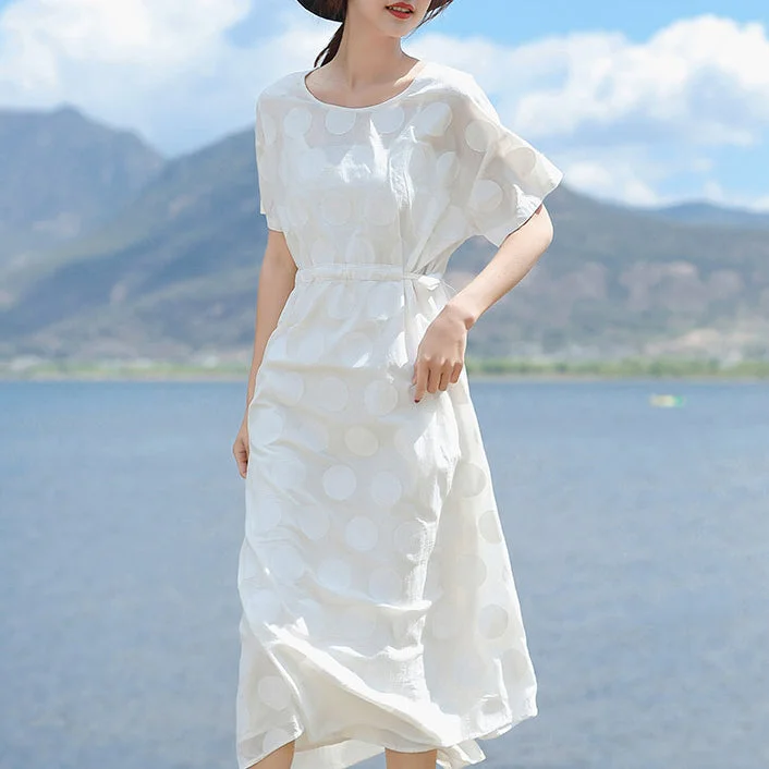 fine white linen maxi dress plus size O neck dotted gown fine short sleeve tie waist dresses Cozy Cold-Shoulder Maxi Dress