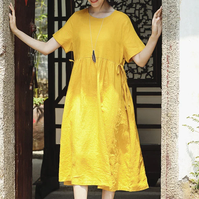 fine yellow natural linen dress trendy plus size O neck traveling clothing Elegant short sleeve tie waist maxi dresses Classic A-Line Maxi Dress