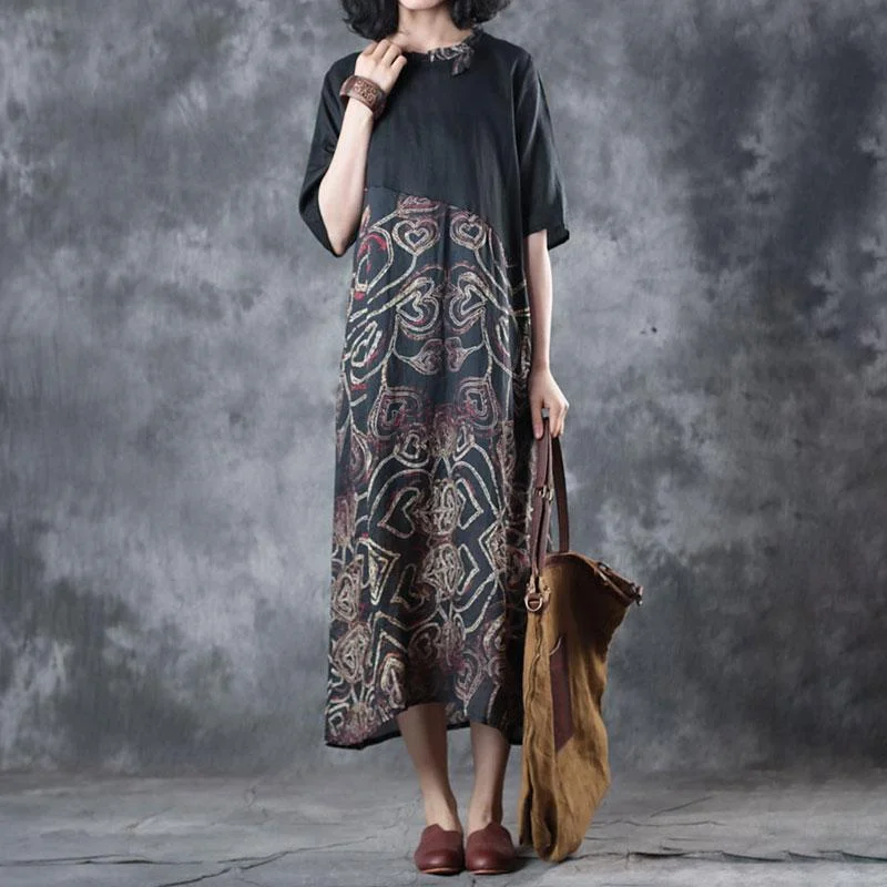 vintage silk linen maxi dress plus size clothing Retro Splicing Printed Round Neck Short Sleeve Black Dress Chic Sleeveless Maxi Dress