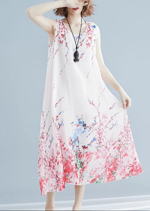 French O Neck Sleeveless Tunic Red Print Maxi Dresses Comfortable Bohemian Maxi Dress
