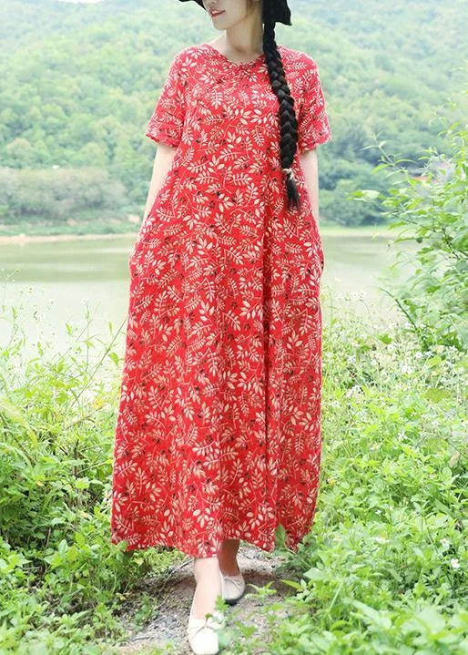 Vivid v neck linen Long Shirts Catwalk red print Maxi Dresses summer Fashionable Off-Shoulder Maxi Dress