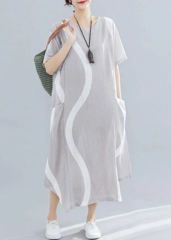 Women o neck asymmetric cotton clothes For Women design light gray striped Maxi Dresses summer Stylish Button-Up Maxi Dress