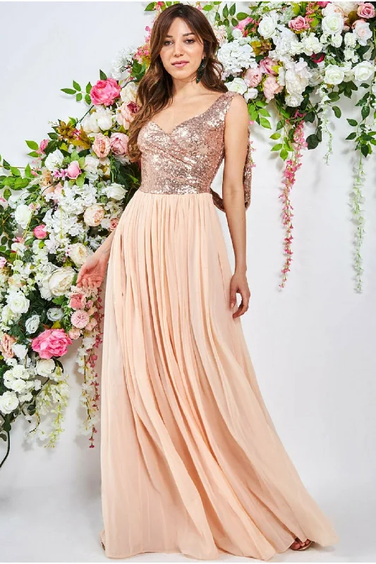 Goddiva Cowl Back Sequin & Chiffon Maxi Dress - Champagne Fashionable Off-Shoulder Maxi Dress Goddiva Cowl Back Sequin & Chiffon Maxi Dress - Champagne Fashionable Off-Shoulder Maxi Dress