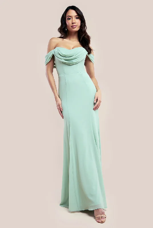 Goddiva Chiffon Bardot Cowl Neck Maxi Dress - Sage Green Comfortable Plunging Neckline Maxi Dress Goddiva Chiffon Bardot Cowl Neck Maxi Dress - Sage Green Comfortable Plunging Neckline Maxi Dress