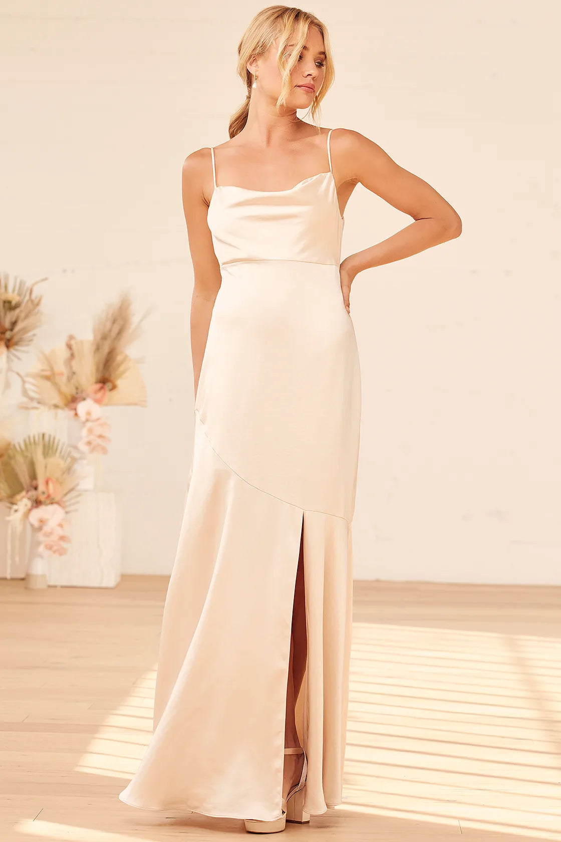 Moment in the Spotlight Champagne Satin Cowl Neck Maxi Dress - M Fashionable Chiffon Maxi Dress Moment in the Spotlight Champagne Satin Cowl Neck Maxi Dress - M Fashionable Chiffon Maxi Dress