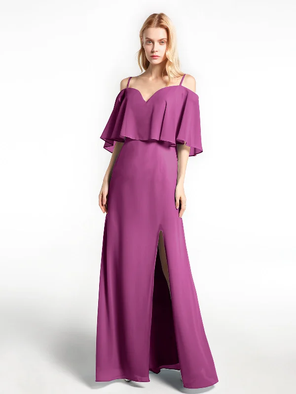 Ruffled Cold Shoulder Maxi Dress with Flounce Overlay Orchid Elegant Maxi Dress with Slit Ruffled Cold Shoulder Maxi Dress with Flounce Overlay Orchid Elegant Maxi Dress with Slit