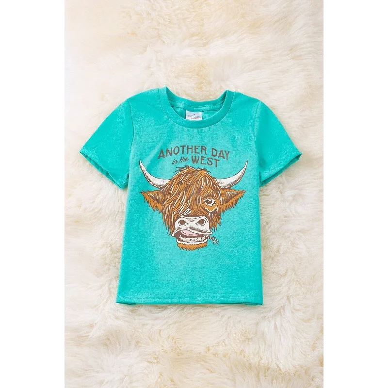 Aqua Highland Cow Printed Boys Tee-shirt Hooded Caped Shawl Collar