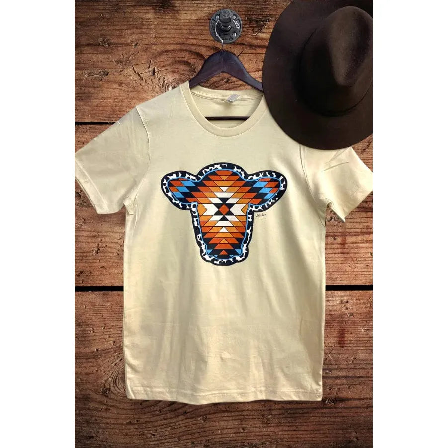 Aztec Cow T-shirt Notch Collar Peter Pan Collar Cowl Neck