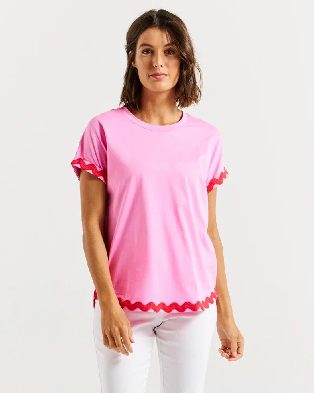 Betty Basics Sunny Tee - Red/Pink Ric Rac Thin T-Shirt Open Front Quick Dry