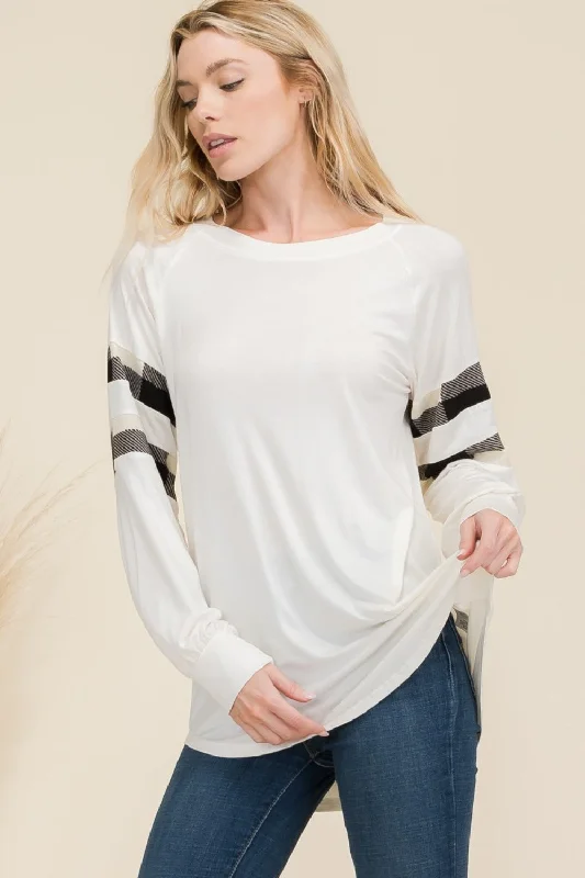 Celeste Full Size Plaid Detail Long Sleeve T-Shirt Silk Blend Satin Velvet