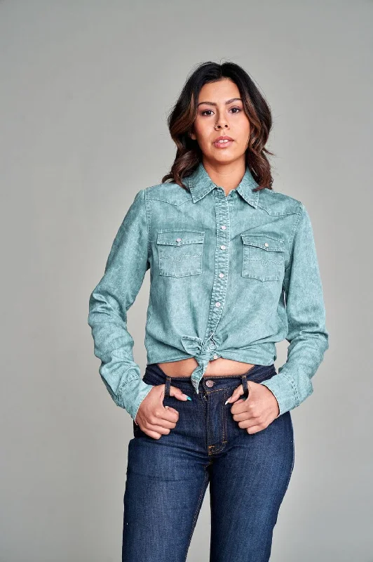 Kimes Ranch Womens KC Top Light Blue 100% Tencel L/S Shirt Mesh Blend Leather Blend Suede Blend