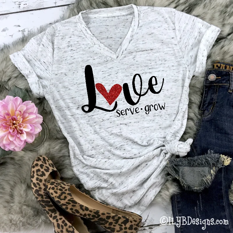 Love, Serve, Grow V-neck Shirt - Inspirational Shirt Chenille Fabric Brocade Fabric Lace Fabric Love, Serve, Grow V-neck Shirt - Inspirational Shirt Chenille Fabric Brocade Fabric Lace Fabric
