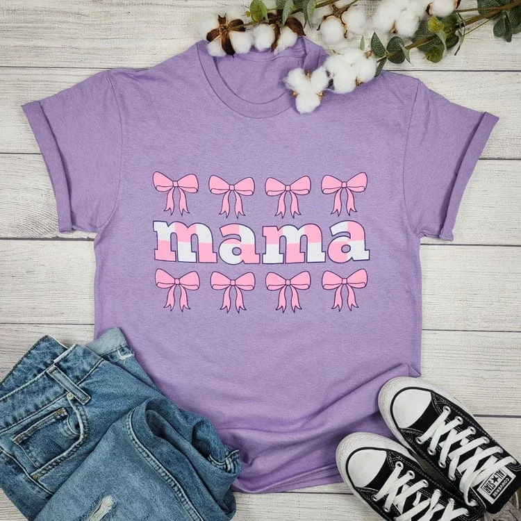 Mama With Bows - Graphic T-shirt Rayon Fabric Velvet Fabric Corduroy Fabric