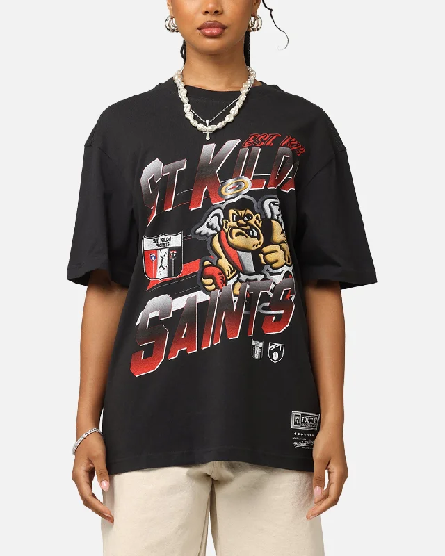 Mitchell & Ness St Kilda Saints Mascot Character T-Shirt Faded Black Graphic T-Shirt Round Neck Polyester