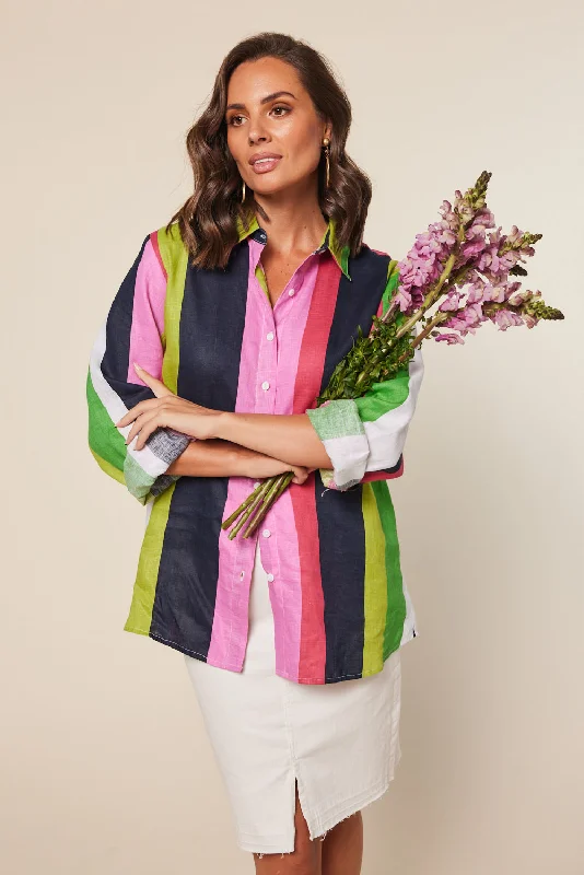 Oversized Linen Boyfriend Shirt in Treviso Stripe Ribbed Striped Patterned
