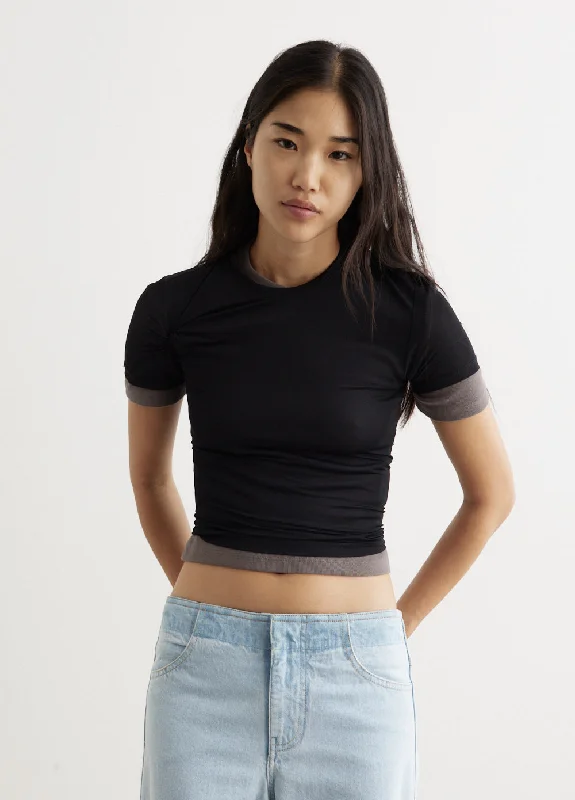 Sheer Overlay Loophole Rib T-Shirt Silk Blend Satin Velvet