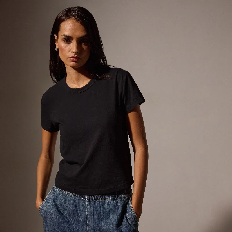 Shrunken Crew Neck Tee - Black Striped Floral Plaid