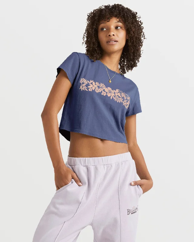 Tahiti Crop Cropped Short Sleeve T-Shirt - Blue Surf Mesh Blend Leather Blend Suede Blend Tahiti Crop Cropped Short Sleeve T-Shirt - Blue Surf Mesh Blend Leather Blend Suede Blend