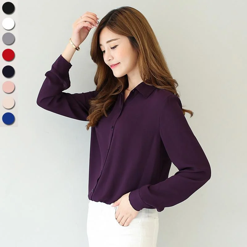 Long Sleeve Shirts Women Solid Color Button Down Chiffon Shirt Solid Print Embellished Long Sleeve Shirts Women Solid Color Button Down Chiffon Shirt Solid Print Embellished