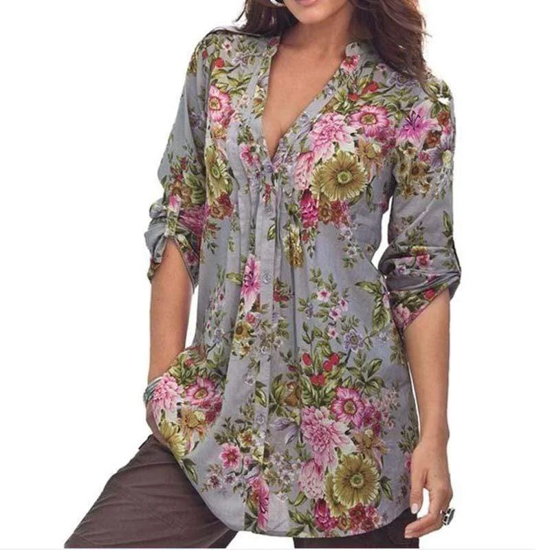 Women V neck Long Sleeve Floral Shirt Top Casual Formal Business