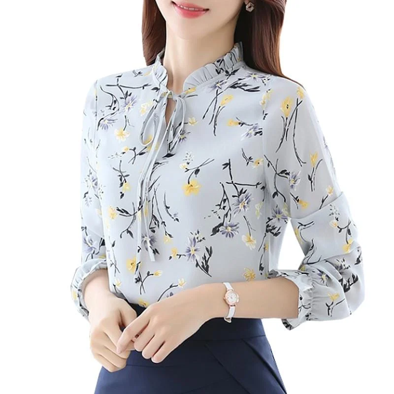 Women's Chiffon Long Sleeved Floral Shirt Top With Ruffled Collar Satin Blend Silk Blend Wool Blend Women's Chiffon Long Sleeved Floral Shirt Top With Ruffled Collar Satin Blend Silk Blend Wool Blend