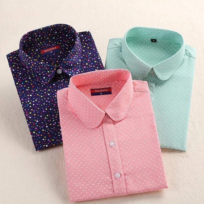 Women's Polka Dot Long Sleeved Cotton Shirt Top Zippered Buttoned Snapped