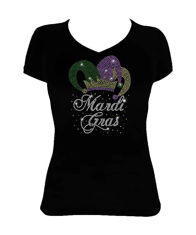 Women's Rhinestone Fitted Tight Snug Shirt Mardi Gras in Script with Jester Hat - Fat Tuesday Wool Fabric Cashmere Fabric Tweed Fabric