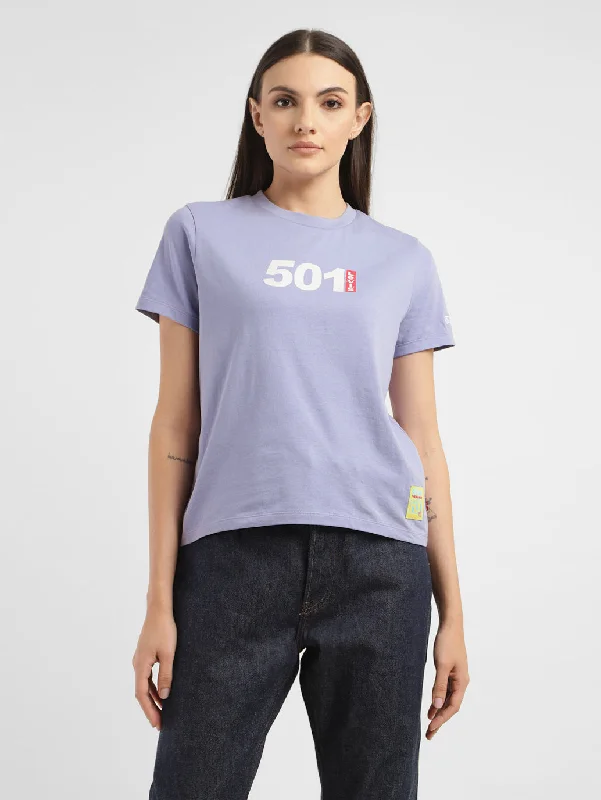 Women's Typography Crew Neck T-shirt Denim Fabric Leather Fabric Suede Fabric