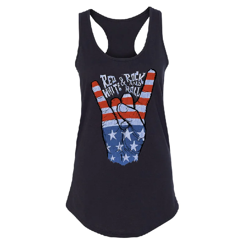Zexpa Apparelâ„¢ RWB Peace, USA Flag Rock and Roll Women's Racerback 4th of July USA Shirt Chenille Fabric Brocade Fabric Lace Fabric