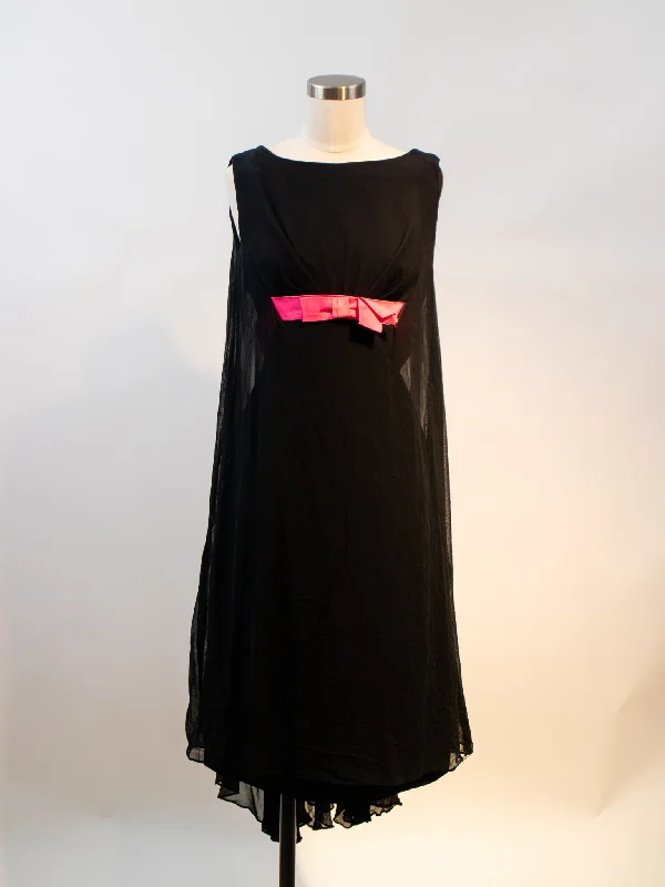 1960s Black Fitted Wiggle Dress with Pink Ribbon and Chiffon Overlay