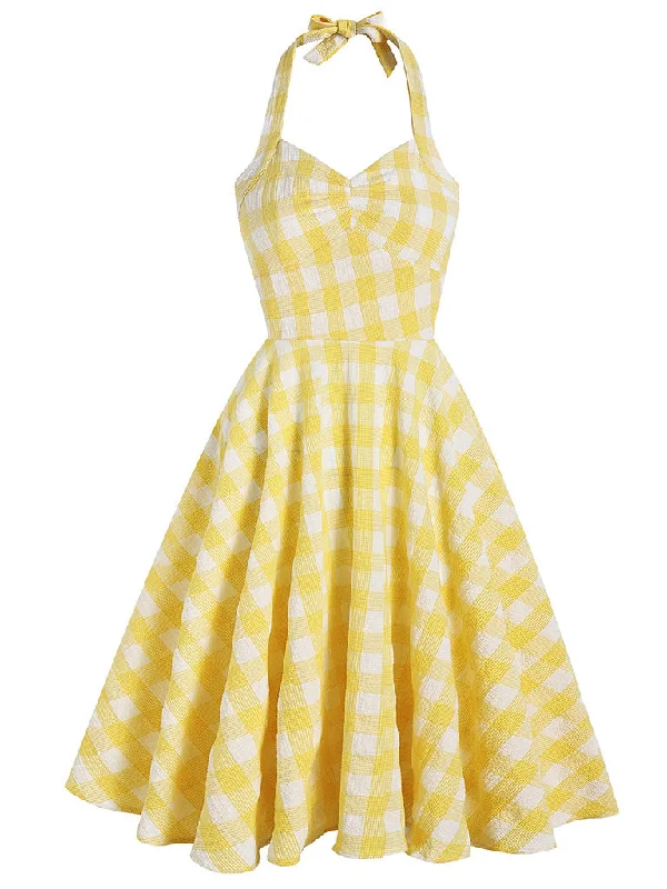 Yellow Plaid Halter Classis Vintage Style 1950S Dress