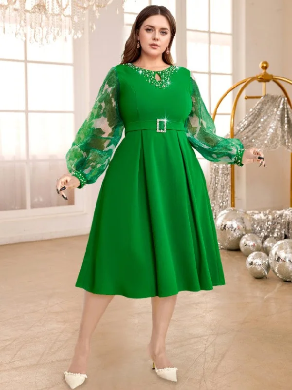 AOMEIDRESS A Line Dress O Neck Beading Mesh Patchwork Lantern Sleeves
