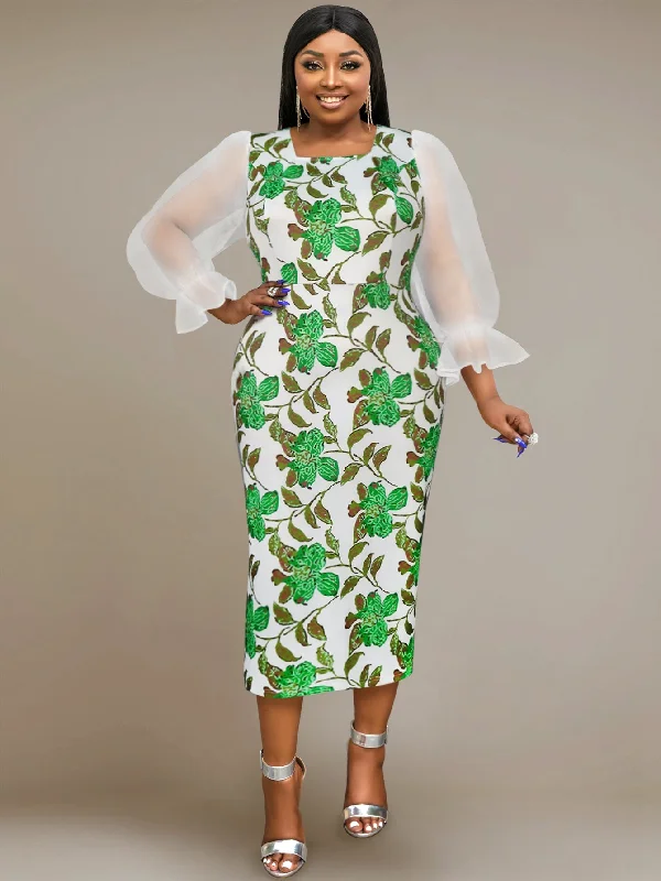AOMEIDRESS Flower Printed Dress Mesh Patchwork Long Lantern Sleeve